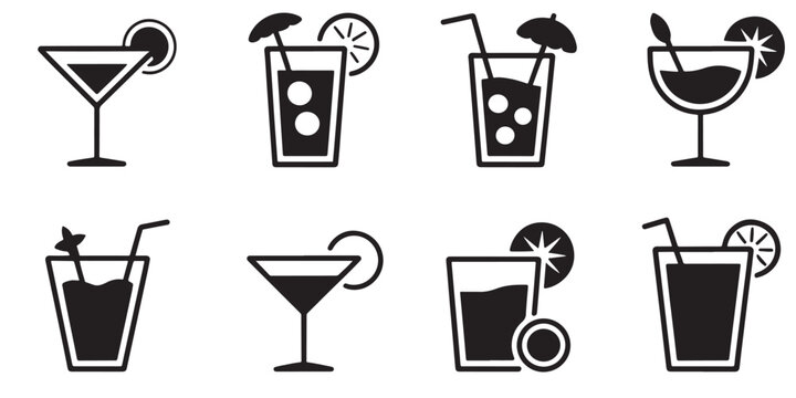 Modern Cocktail Bar Icon Pack &ndash; Minimal Black and White Vector Set