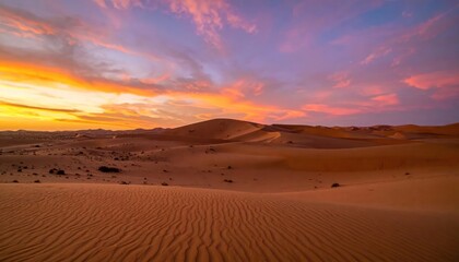 Fototapeta premium Vibrant desert sand dunes at sunset with dramatic colorful clouds and rippled texture