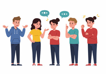 Obraz premium Vector illustration of diverse young adults expressing anger, disagreement, and frustration through various gestures and facial expressions during a heated argument.