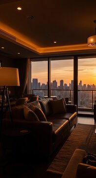 Cozy Living Room with Cityscape Sunset View.
