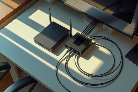A modern router and network switch connected with cables on a white desk, illuminated by sunlight casting shadows.