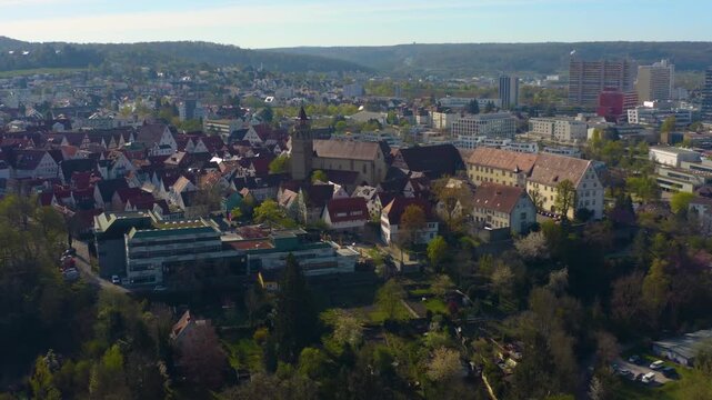 Aerial view of the old town city Leonberg in Germany on a sunny spring day
