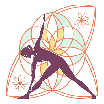 Woman yoga triangle pose abstract flower design.