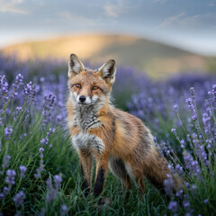 Fototapeta premium A red fox stands alert in a vibrant field of purple lavender with a softly blurred hill and sky in the background.