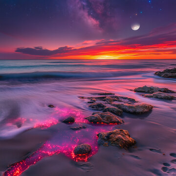 A tropical sunset where waves lap gently in the sunlight, with the sky painted in stunning hues of pink, golden yellow, purple, and red, while a glowing moon rises above the horizon.