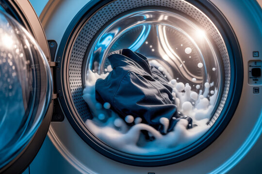 View inside a washing machine drum with black clothes and white foam during a washing cycle.