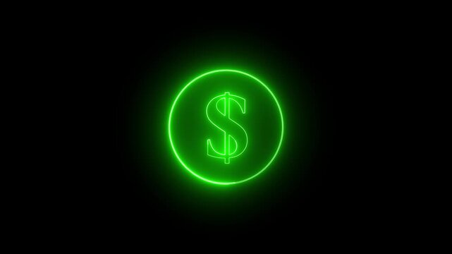 Neon dollar sign icon animation glowing red color us currency finance money bank on black battleground