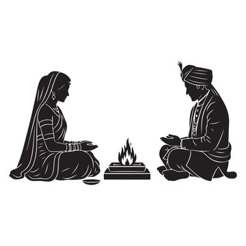 Indian wedding ceremony vector illustration of bride and groom sitting by sacred fire isolated on white background