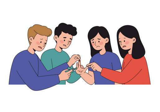 Flat vector illustration of concerned friends helping a woman remove a splinter from her finger with tweezers, emphasizing teamwork and care.