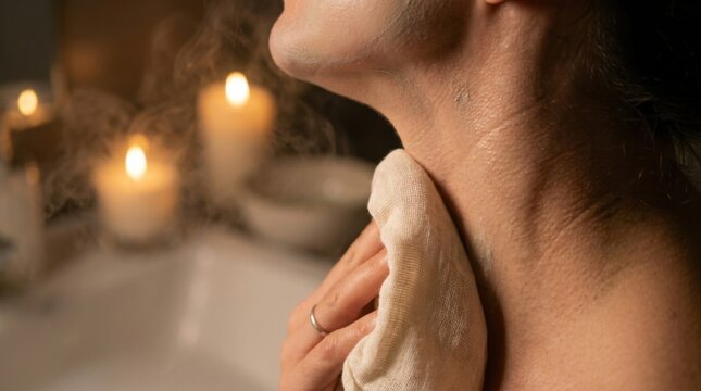 Woman enjoying spa treatment with candles and towel on neck.