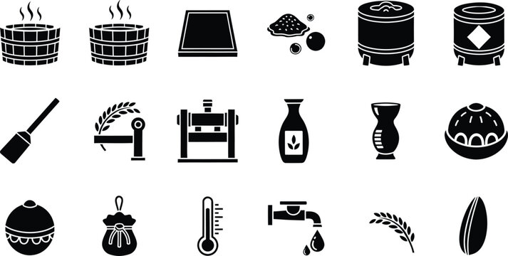 Set of black icons representing traditional japanese sake brewing and craft production