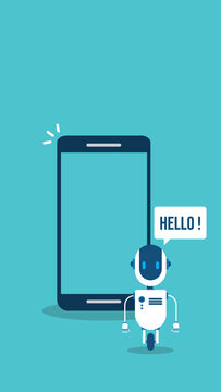 AI Chatbot Greeting Mobile App Assistant Robot Hello Message Smartphone Interface Concept