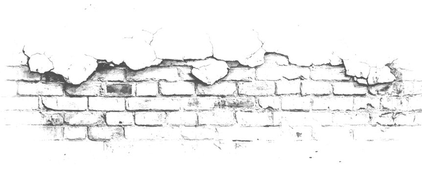 Cracked white plaster peeling off a weathered brick wall with visible mortar and texture