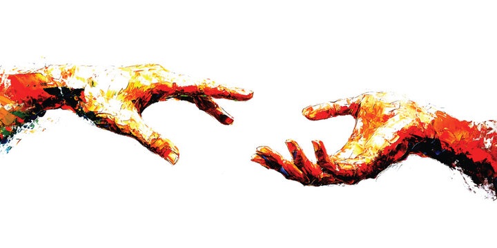 Two abstract painted hands reaching towards each other with vibrant orange red and yellow colors touch
