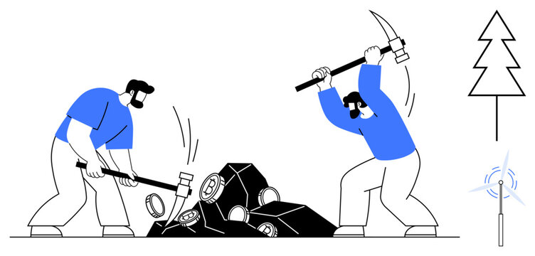 Environmental impact, resource extraction, sustainability, energy production, industrial work, future energy transition. Two workers mining coal. Resource extraction and sustainability concepts