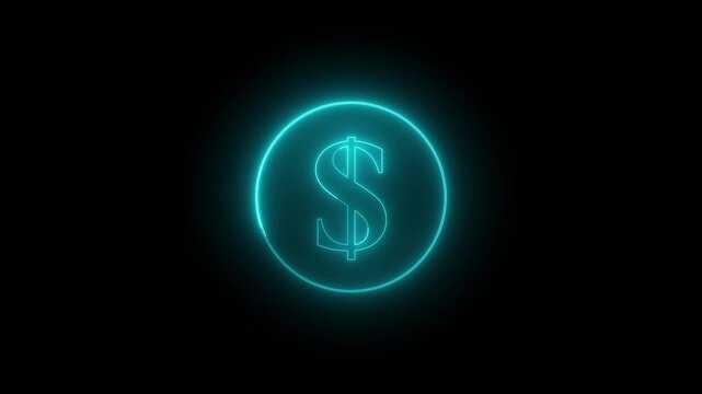 Neon dollar sign icon animation glowing red color us currency finance money bank on black battleground