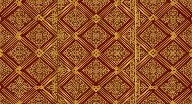 Elegant Gold and Red Maroon Seamless Geometric Pattern: Luxury Ethnic Thai Ornament Texture with Intricate Diamond Tiling for Textile and Wallpaper Design