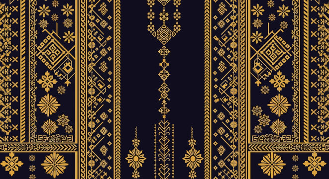 Luxury Gold Ethnic Geometric Pattern on Dark Navy: Elegant Thai Traditional Ornament and Floral Border Design for Royal Textiles and High-End Stationery