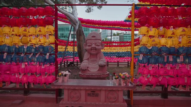 Temple courtyard decorated with colorful lantern displays at Jogyesa Temple in Seoul, South Korea, highlighting Buddhist cultural traditions and festive temple surroundings.