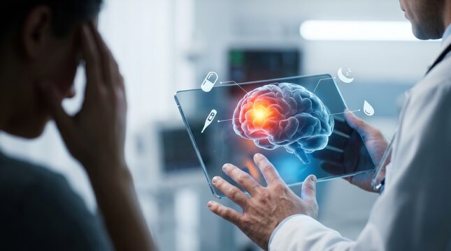Doctor holding tablet with brain scan and icons beside patient, stress concept, tension headache