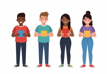 Fototapeta premium Group of diverse multiethnic students standing and holding notebooks, flat character illustration isolated on white background