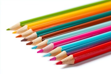 Fototapeta premium Vibrant Colored Pencils on White Background. Colored pencils arranged diagonally in a neat row isolated on white background ideal for art education and design with copy space for text.