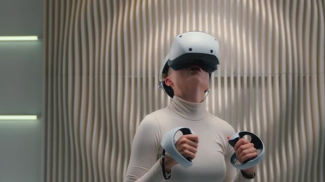 Gaming addiction Caucasian woman in futuristic VR space play advanced cyberspace technology virtual augmented reality female girl in helmet boxing kick beat box 3d simulator fight cyber sport futurism