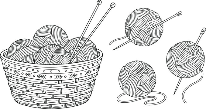 Knitting Yarn Balls and Needles Set with Wicker Basket Hand Drawn Outline Vector Illustration for Craft Hobby Crochet and Textile Design