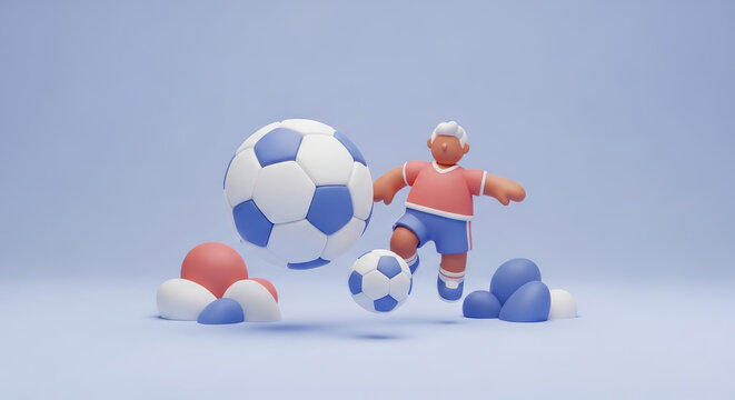 Playful 3d cartoon soccer player with a ball against a soft blue background