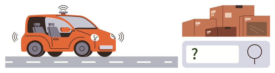 Naklejka premium E-commerce, logistics, autonomous vehicles, package tracking, transportation systems, smart technology. A driverless car on a road with parcel boxes and a search bar. E-commerce and logistics concept