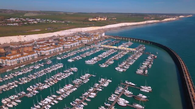 High angle perspective of nautical vessels moored at Brighton harbor