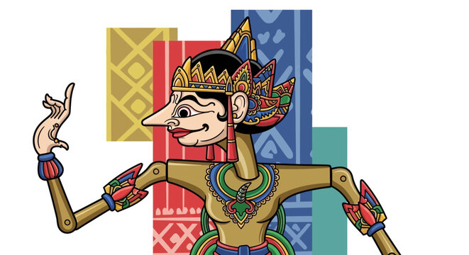 Traditional Indonesian Wayang Kulit Puppet Illustration with Modern Colorful Background, Javanese Cultural Heritage Character Design