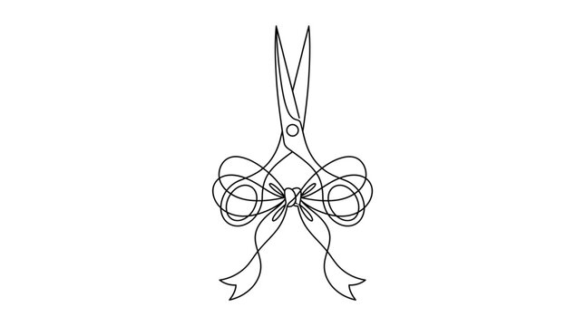 Minimalist Scissors Ribbon Bow Line Art, Continuous Line Vector Illustration of Craft and Gift Concept