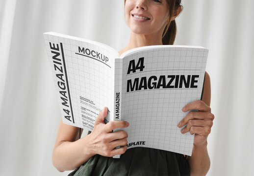 Mockup Of Woman Reading Customized A4 Magazine