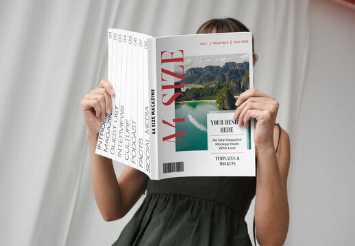 Mockup Of Woman Reading Customizable A4 Magazine