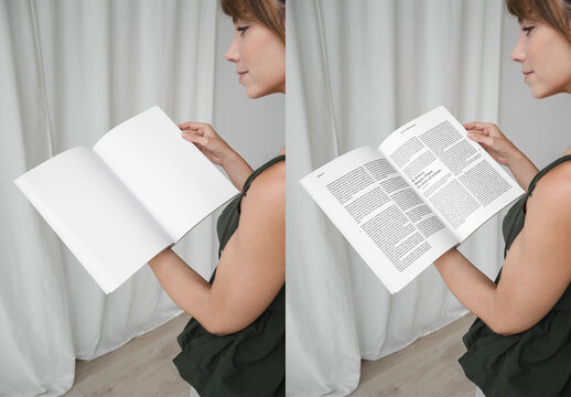 Mockup Of Woman Reading Customizable Magazine