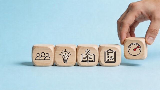 Business performance teamwork innovation knowledge management quality control speed measurement wooden cubes arranged