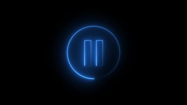 Blue neon pause button icon with glowing outline on black background image photo