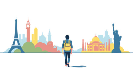 Obraz premium Illustration of a traveler with a backpack walking towards a city skyline featuring iconic landmarks from around the world