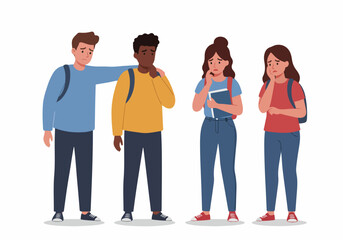 Fototapeta premium Group of diverse sad teenagers feeling worried and anxious, students needing emotional support and comfort, flat vector illustration on white background.