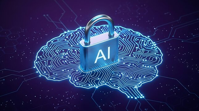 A futuristic illustration of a padlock secures a glowing blue circuit brain with AI, symbolizing technology and innovation in a dark digital environment.