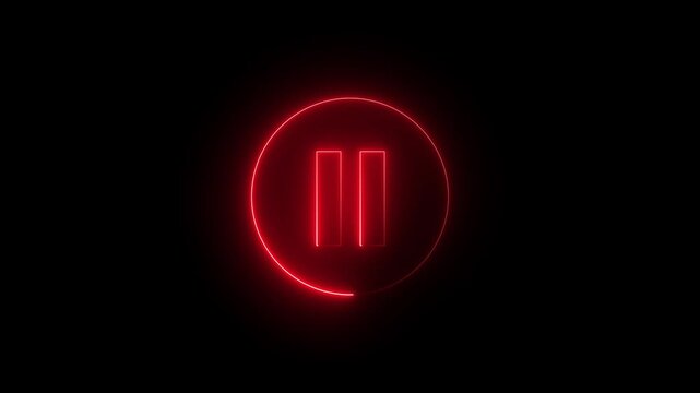Red neon pause button icon with glowing outline on black background image photo