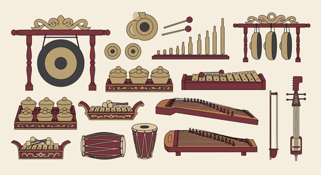 Traditional Indonesian Gamelan Musical Instruments Vector Set Collection