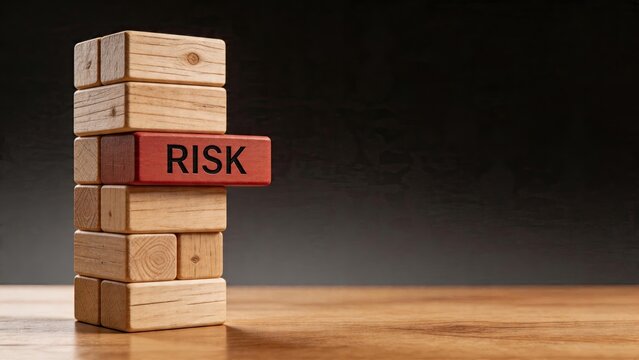 Business risk management concept wooden tower jenga game with red block labeled risk unbalanced structure