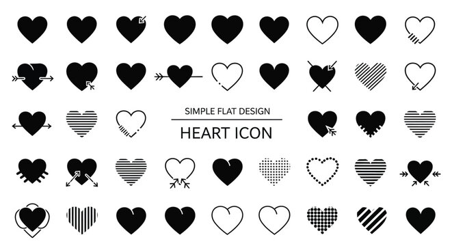 Diverse collection of minimalist black heart icons featuring various styles and creative shapes designed as a versatile vector graphic set for romantic UI elements or modern digital projects needing e