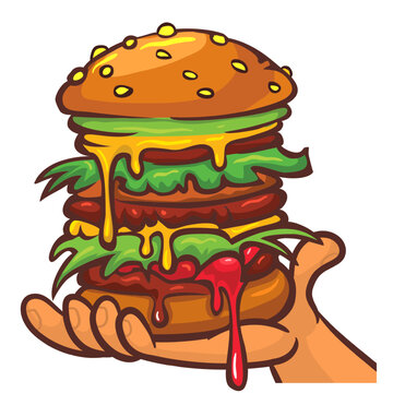 Right hand holding burger. Cartoon vector illustration of tasty hamburger or cheeseburger