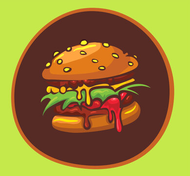 Colorful Fresh Fast Food Burger Cartoon. Outlined Tasty Hamburger or Cheeseburger vector illustration on isolated 