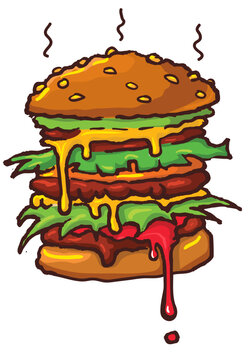 Colorful Fresh Fast Food Burger Cartoon. Outlined Tasty Hamburger or Cheeseburger vector illustration on isolated 