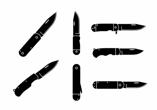 Set of black silhouettes of folding pocket knives isolated on a white background, perfect for icons or logos.