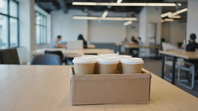 Cardboard carrier with takeaway coffees in the coworking space.